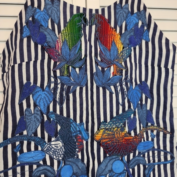 FARM RIO Striped Parrot Embroidered Mini Dress Women's XS Linen Sleeveless Blue - Picture 3 of 15